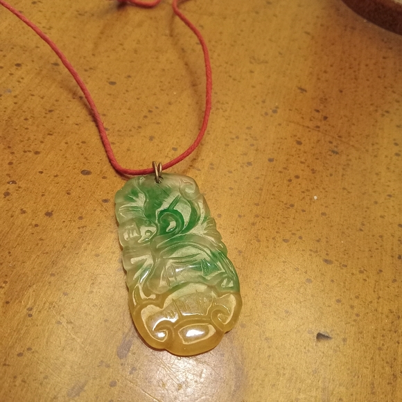 Chinese Tri Color Double Side Carved Jade Vintage Pendant on Hemp Necklace - Picture 3 of 6